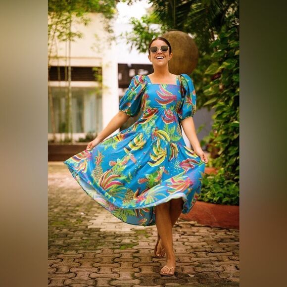 NWT FARM Rio Blue Banana Midi Dress Size S - Picture 6 of 16